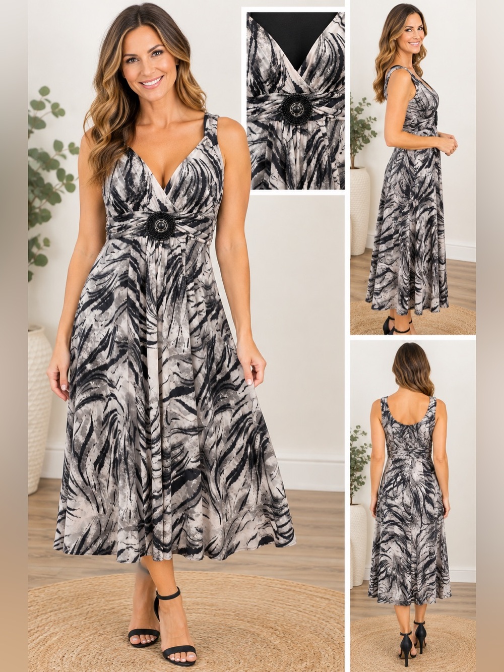 Joseph Ribkoff Black and White Abstract Beaded-Waist Midi Dress